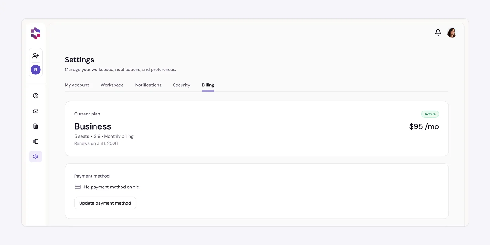 The Billing tab with the plan card and monthly usage meter