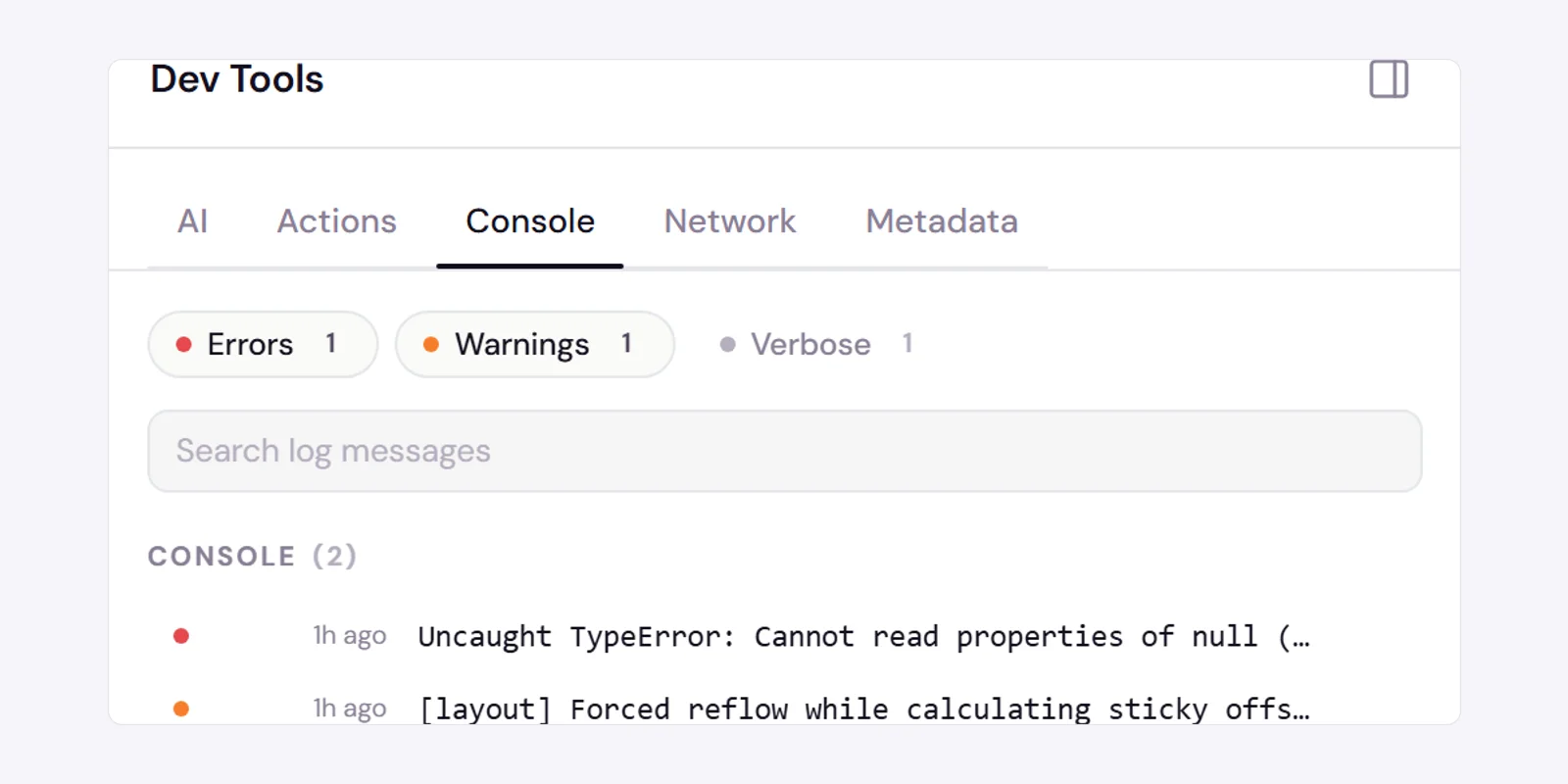 A ticket's Dev Tools panel showing the Console / Network / Actions tabs