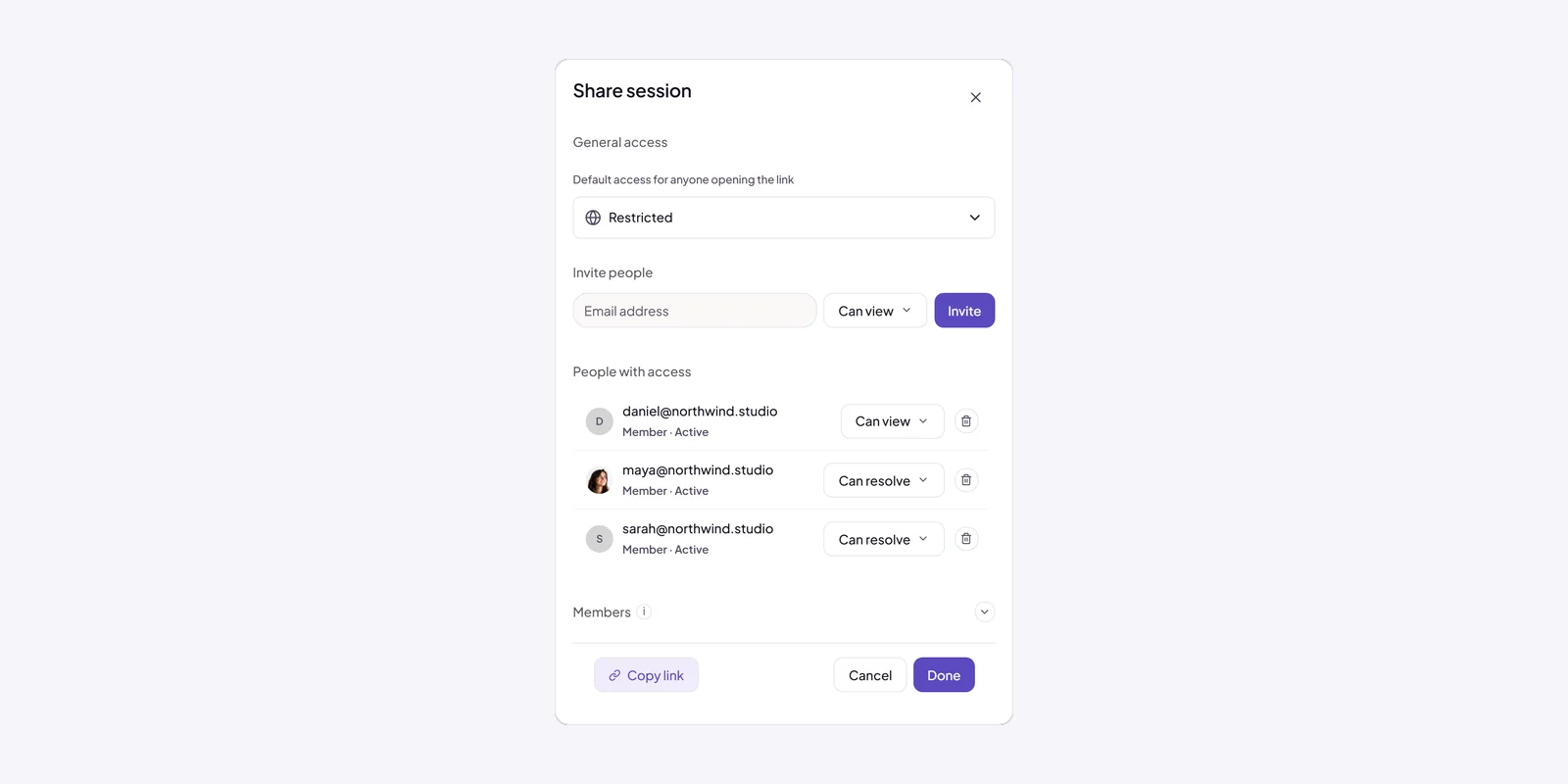 The Share dialog with email invite and link-access-tier options