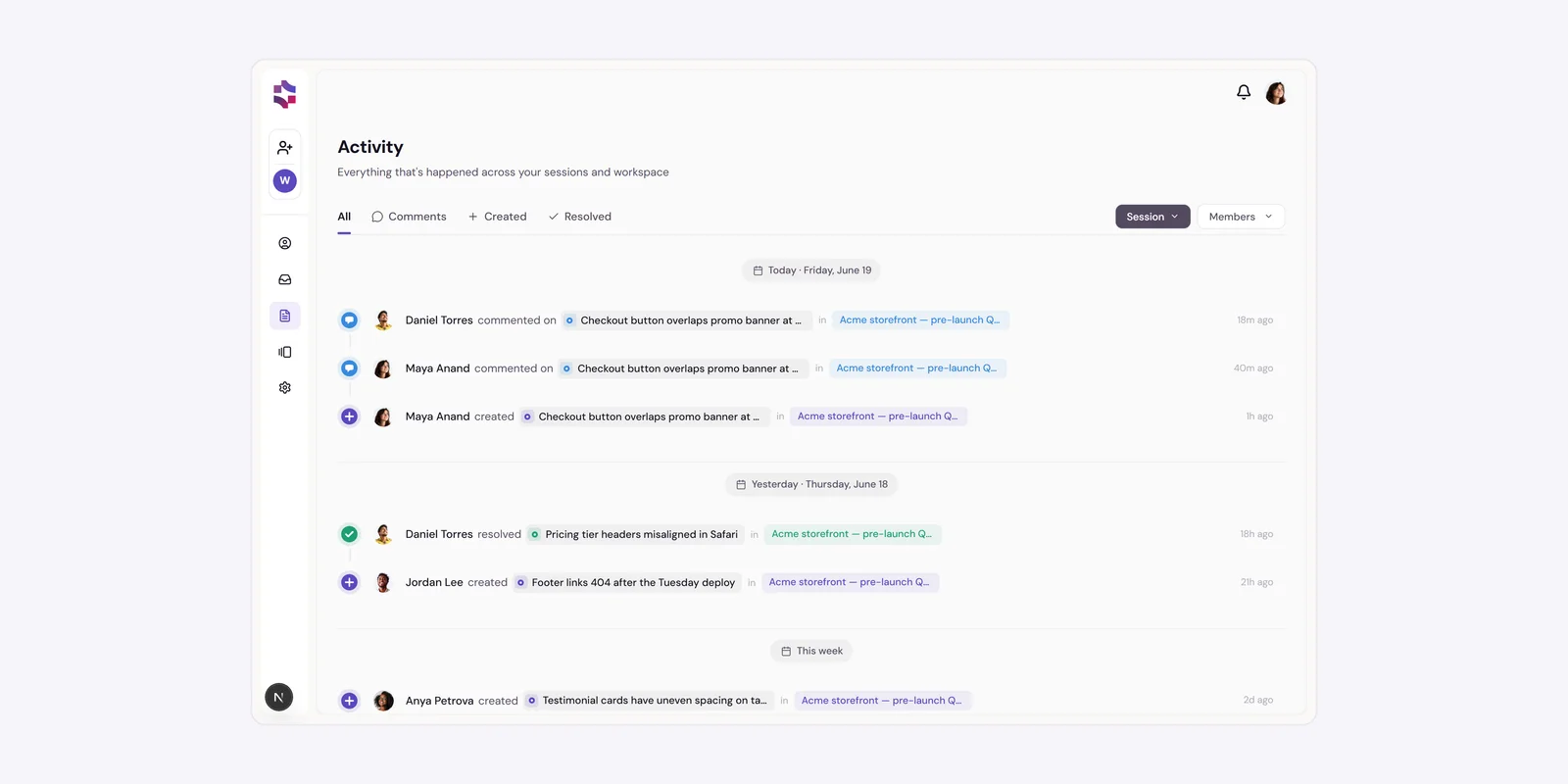 The activity feed grouped by day, plus presence avatars on a session