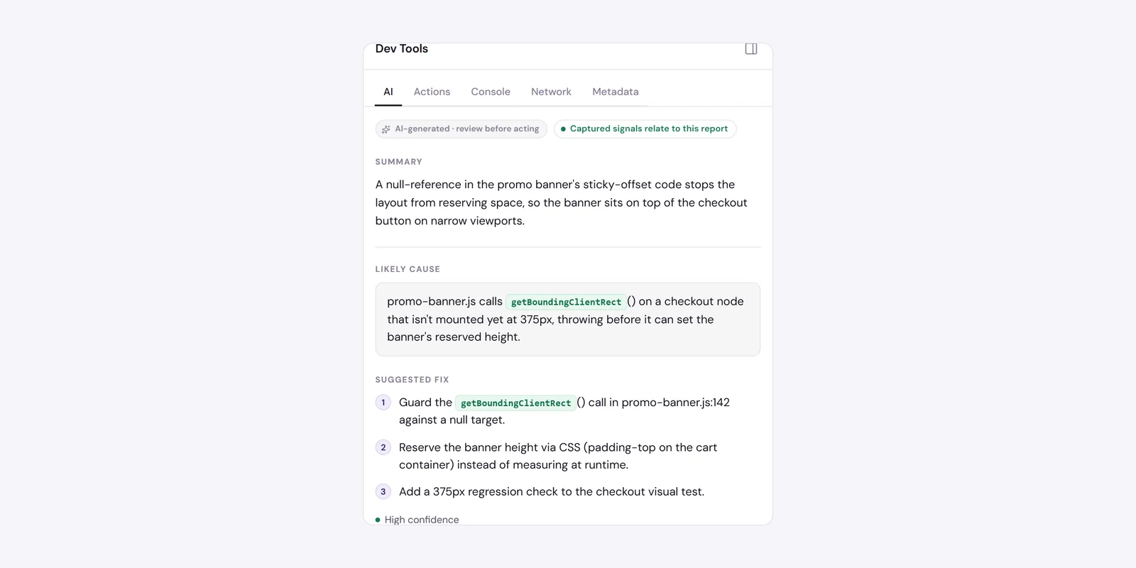 A ticket's AI tab with a green “related” verdict, likely cause, and suggested fix