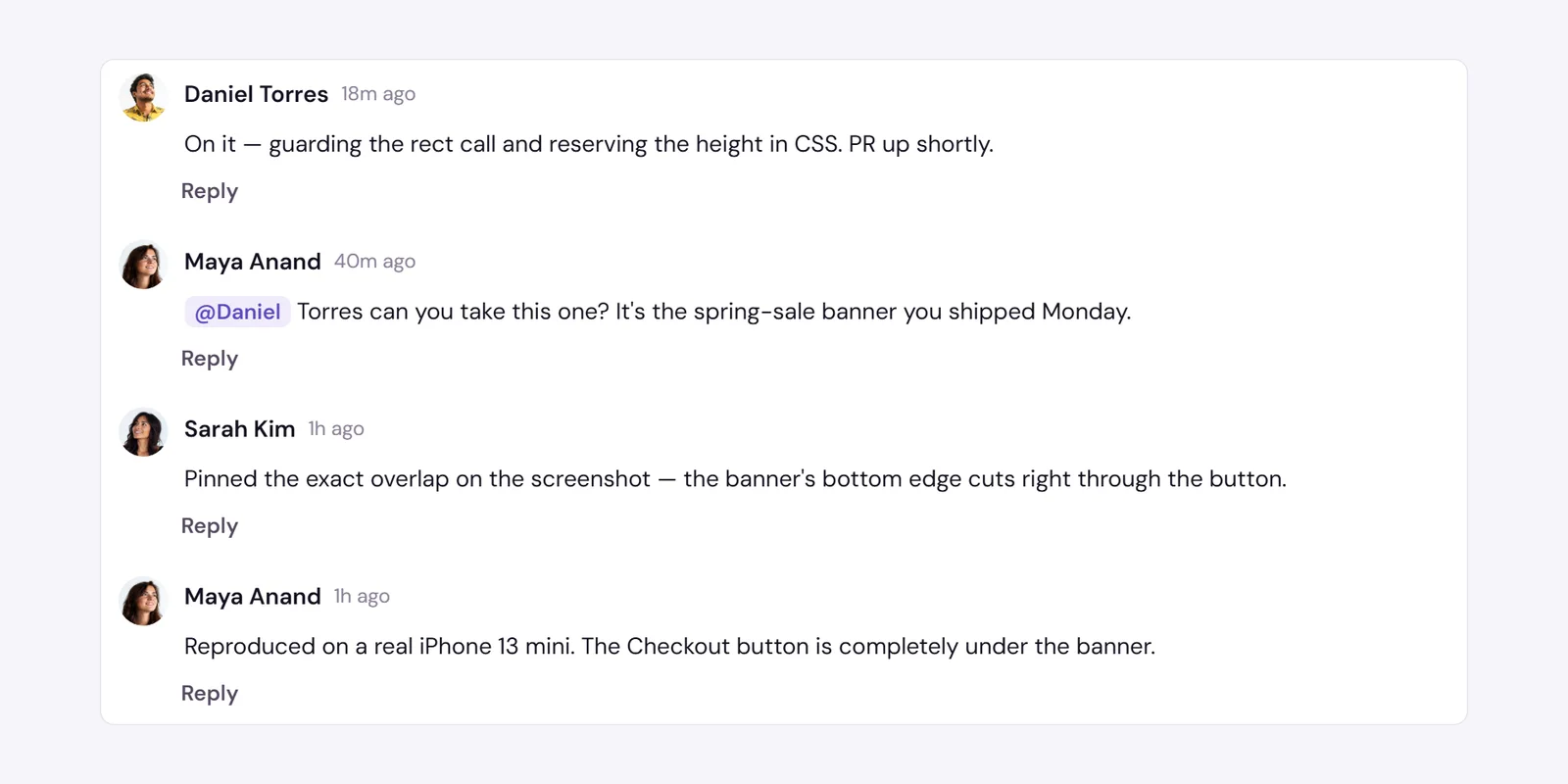 A comment thread with an @mention and a pinned comment on the screenshot